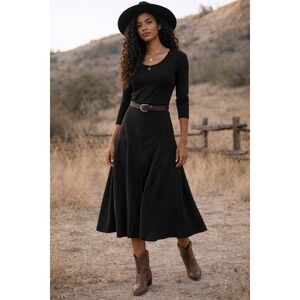 Dressbarn Women Size 4 Black Faux Suede A-Line Midi Skirt  Paneled Flare Western